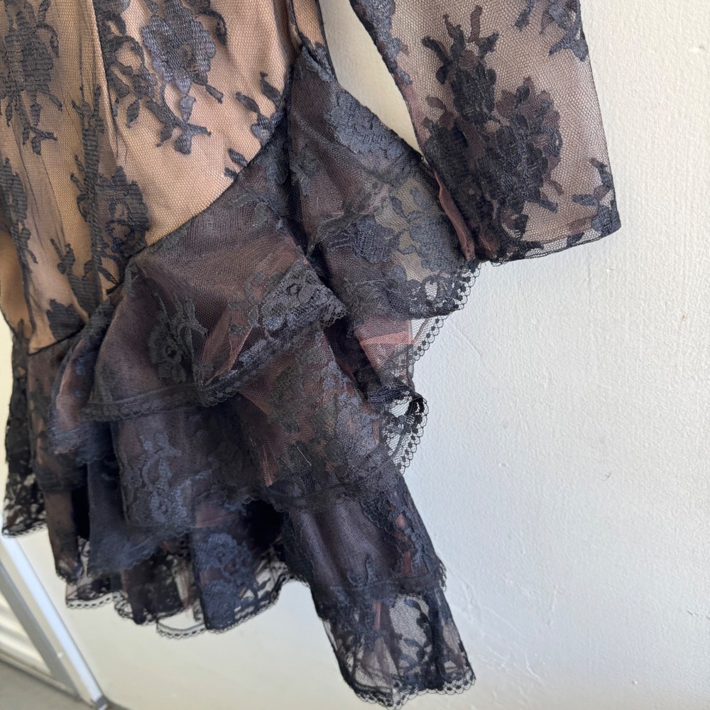 Victor Costa Black Lace Long Sleeve Tiered Mini Dress over Nude Slip - Picture 12 of 14